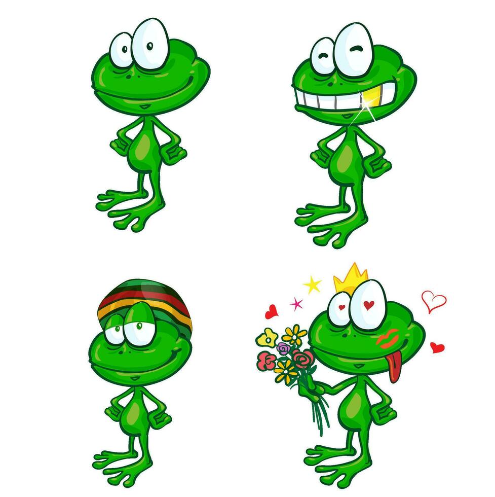 illustration de une ensemble de mignonne dessin animé vert grenouille ensemble vecteur