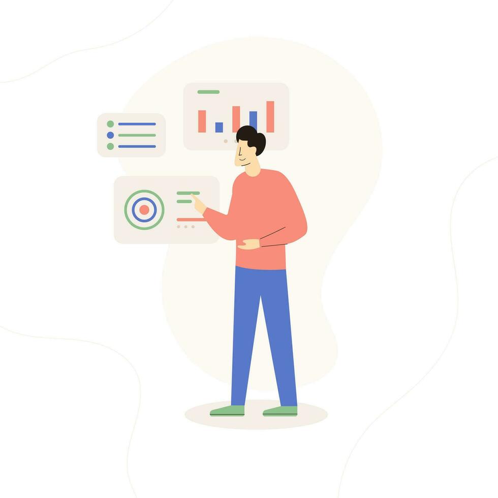 financier La technologie concept avec plat personnage en utilisant une tableau de bord pour Les données une analyse et investissement. vecteur illustration.