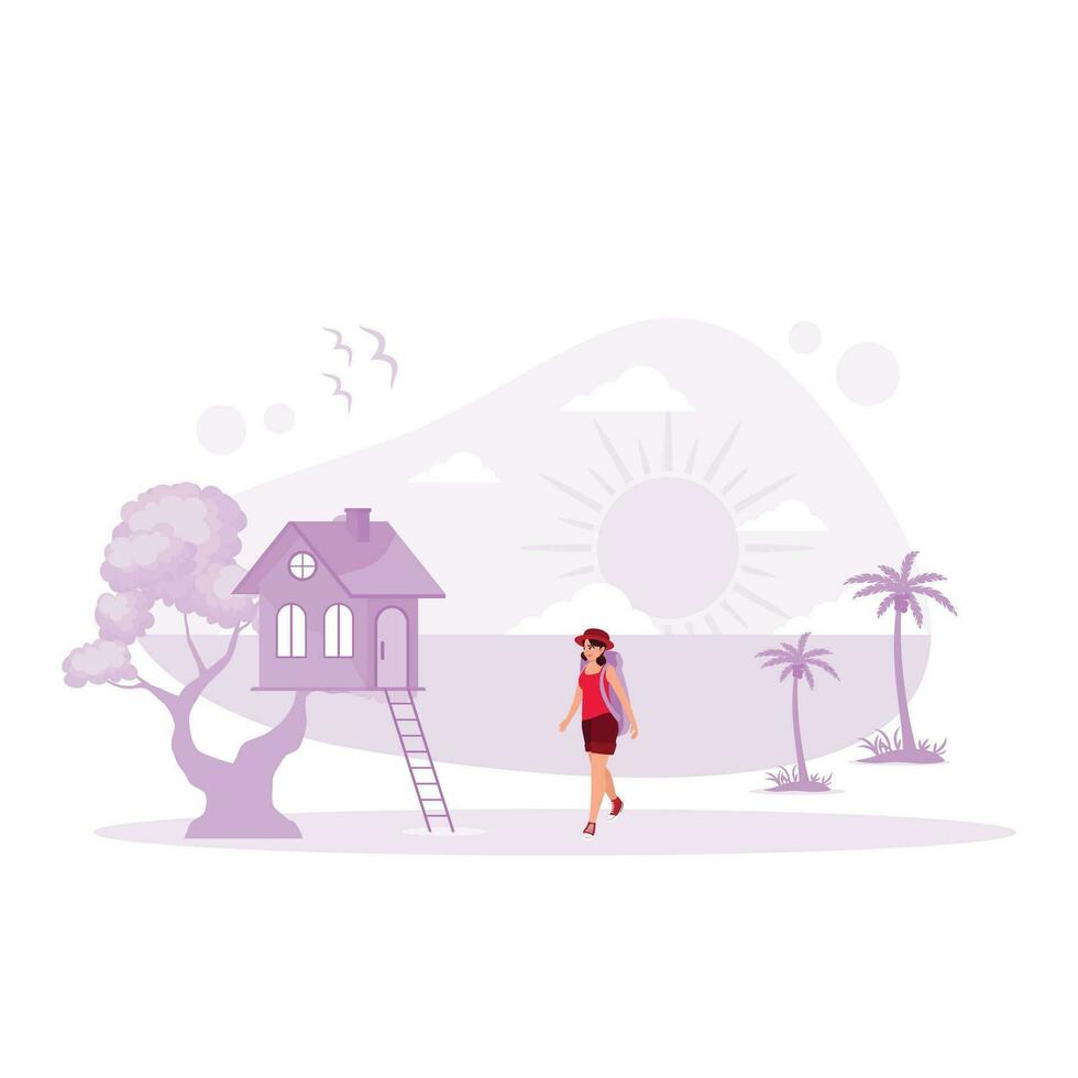 une femelle voyageur est en marchant vers une arbre maison par le plage. éco maison concept. tendance moderne vecteur plat illustration