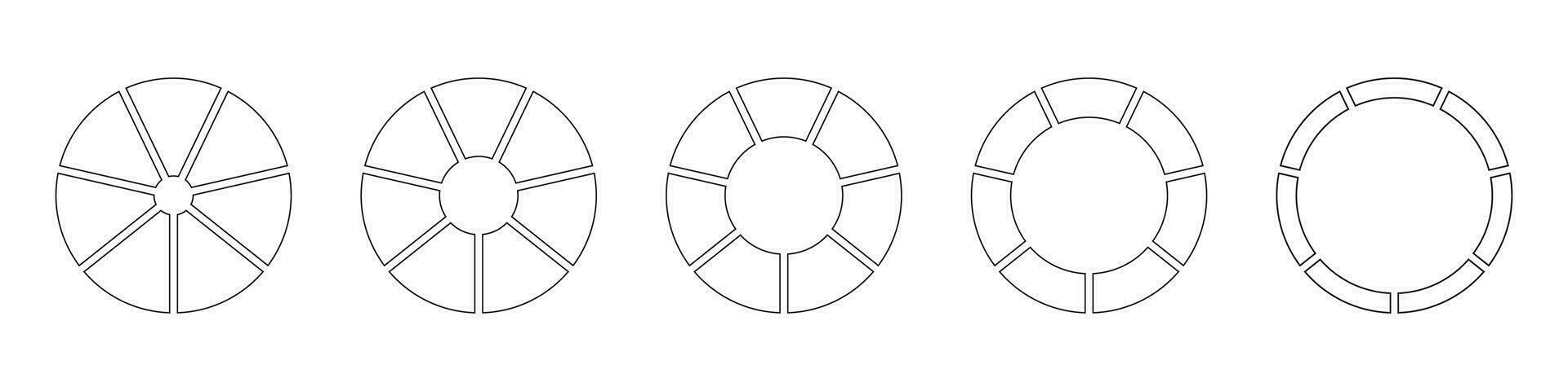 roues rond divisé dans Sept sections. contour Donut graphiques ou tartes segmenté sur sept égal les pièces. diagrammes infographie ensemble. cercle section graphique ligne art. tarte graphique Icônes. géométrique élément. vecteur. vecteur