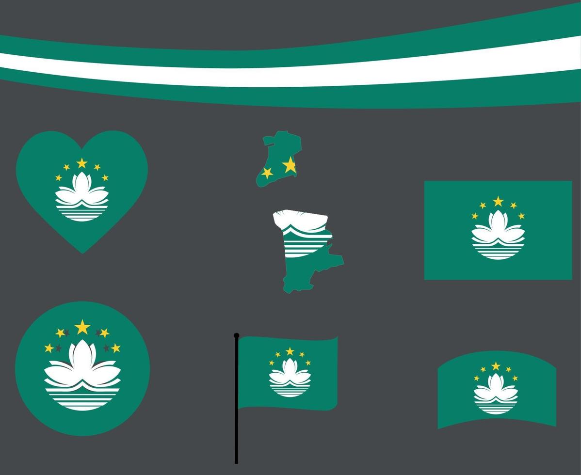 Ruban de carte de drapeau de macao et résumé de vecteur d'icônes de coeur