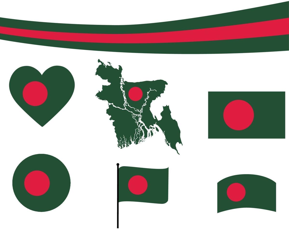 bangladesh drapeau carte ruban et coeur icônes vecteur résumé