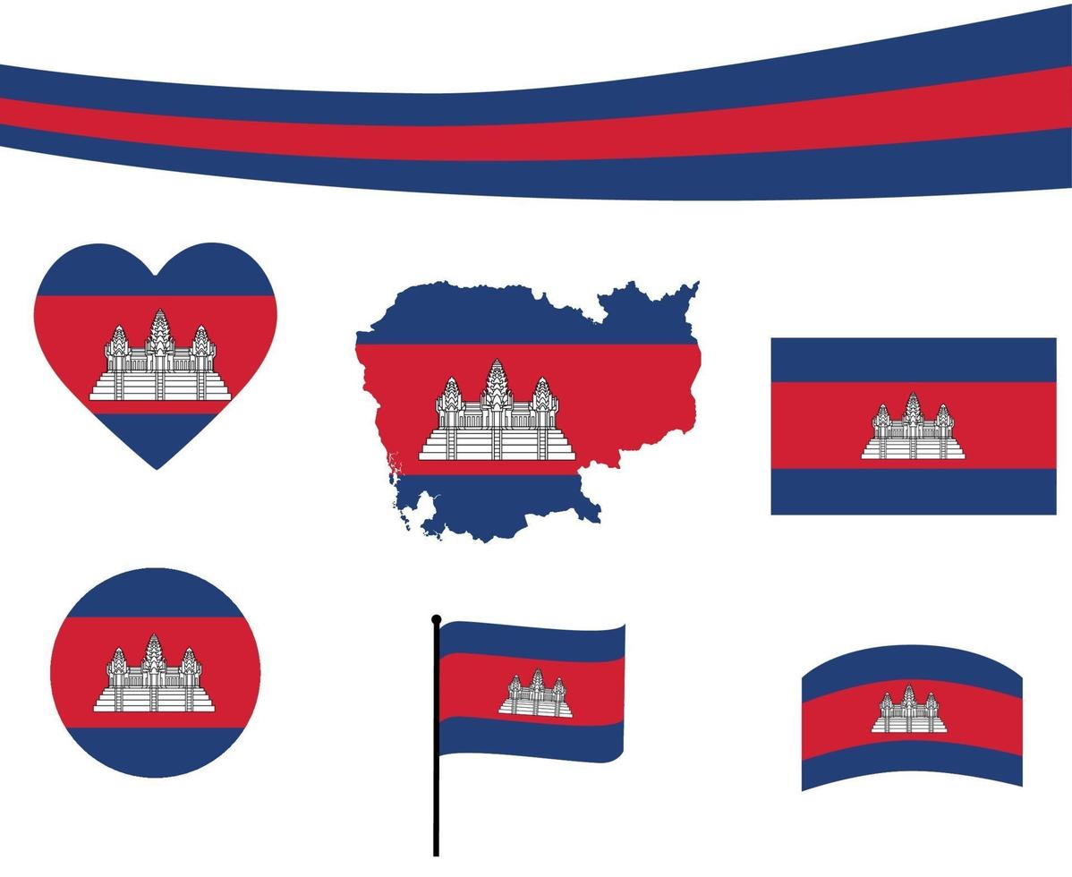 Cambodge drapeau carte ruban et coeur icônes vector abstract