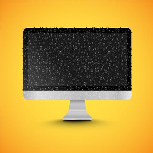 PC isolé réaliste avec écran noir brillant, avec des gouttes d&#39;eau, illustration vectorielle vecteur