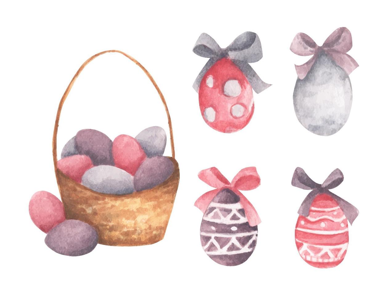 panier avec des oeufs de pâques et des arcs. illustration à l'aquarelle. vecteur