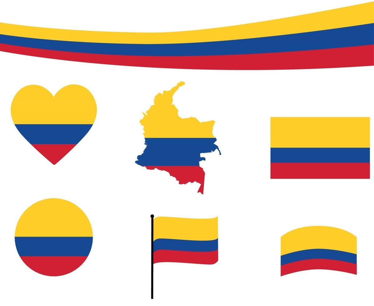 Drapeau de la Colombie ruban carte et coeur icônes vector illustration abstract