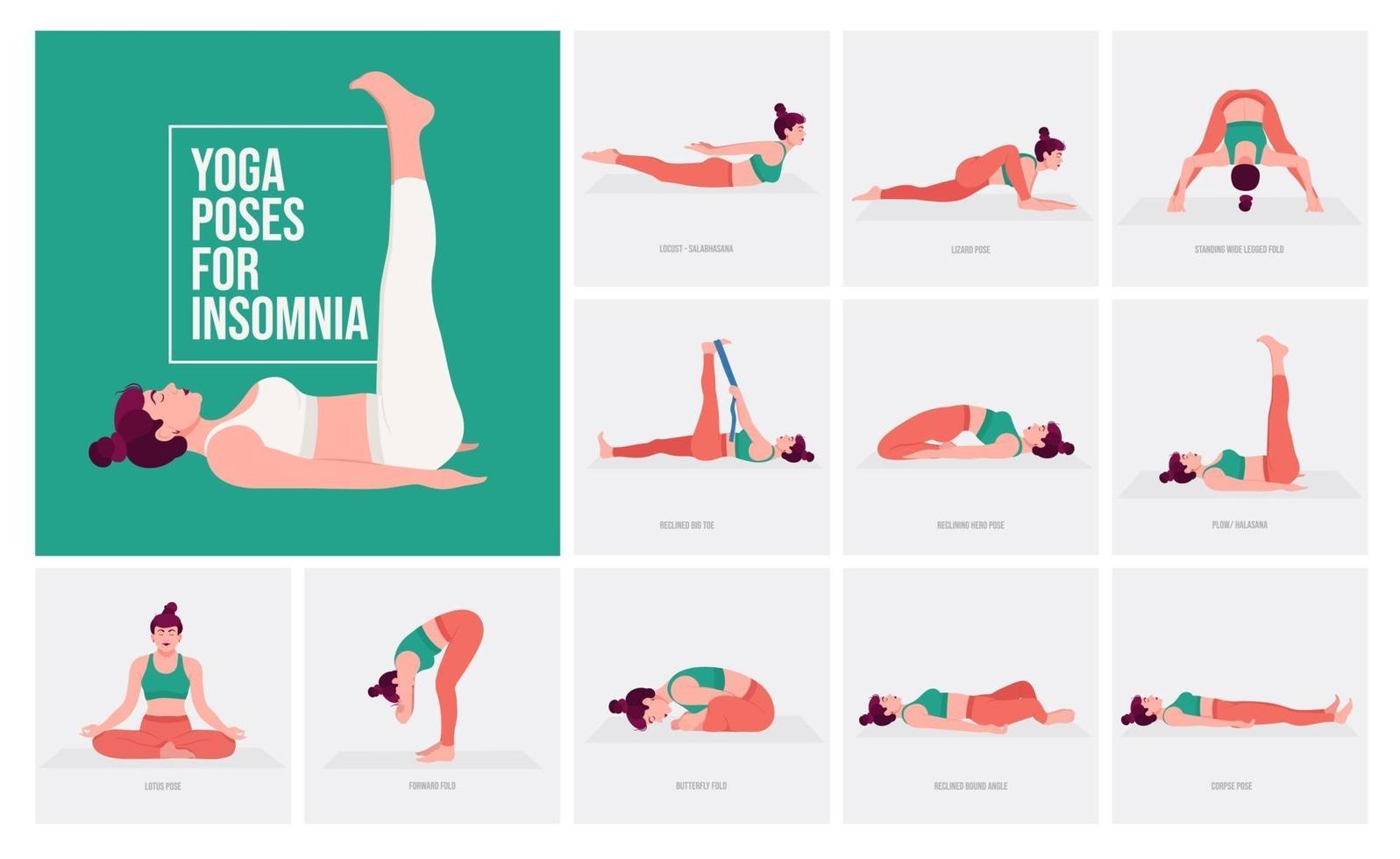 poses de yoga pour l'insomnie. jeune femme pratiquant des poses de yoga. vecteur