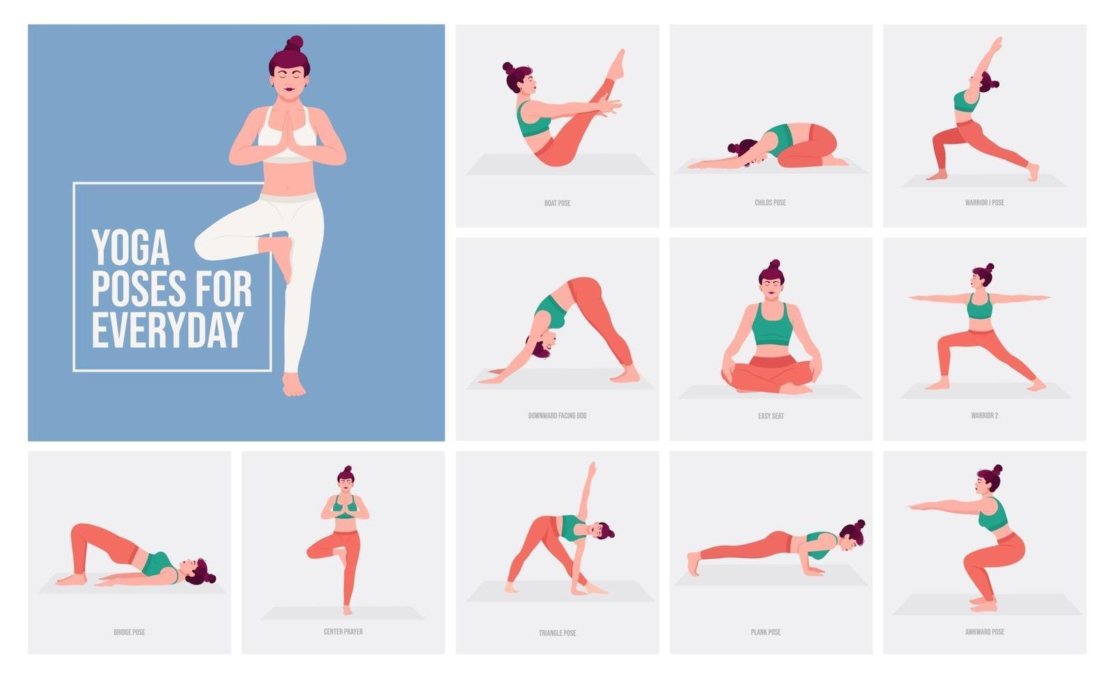 poses de yoga pour tous les jours. jeune femme pratiquant des poses de yoga. vecteur