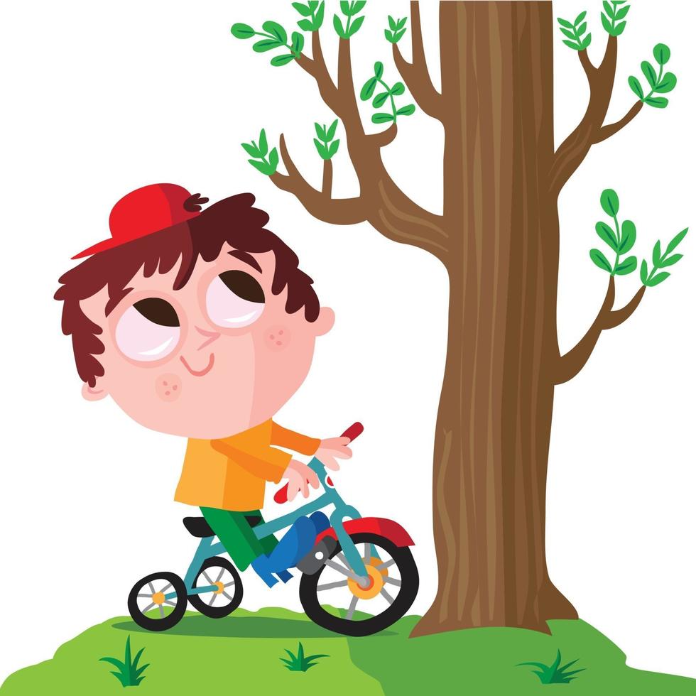 garçon monté sur un tricycle sous un arbre vecteur