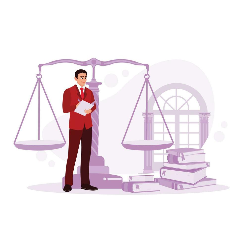 Masculin avocat travail dans une salle d'audience avec les documents et Balance de justice. loi concept. tendance moderne vecteur plat illustration