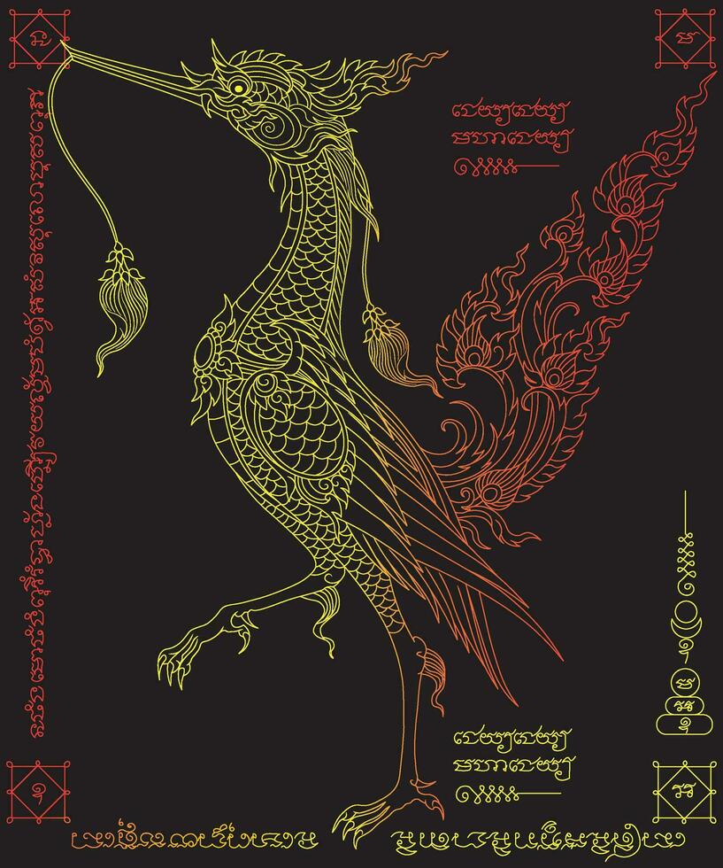 d'or cygne sur noir fond.swan tatouage d'or lignes.ancien oiseau traditionnel thaïlandais art.thai tatouage.sak yan talisman traditionnel thaïlandais tatouage vecteur