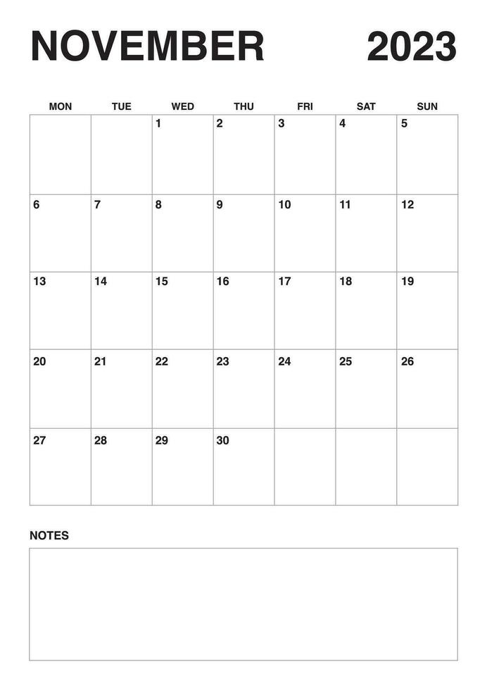 2023 calendrier novembre calendrier début sur Lundi vecteur