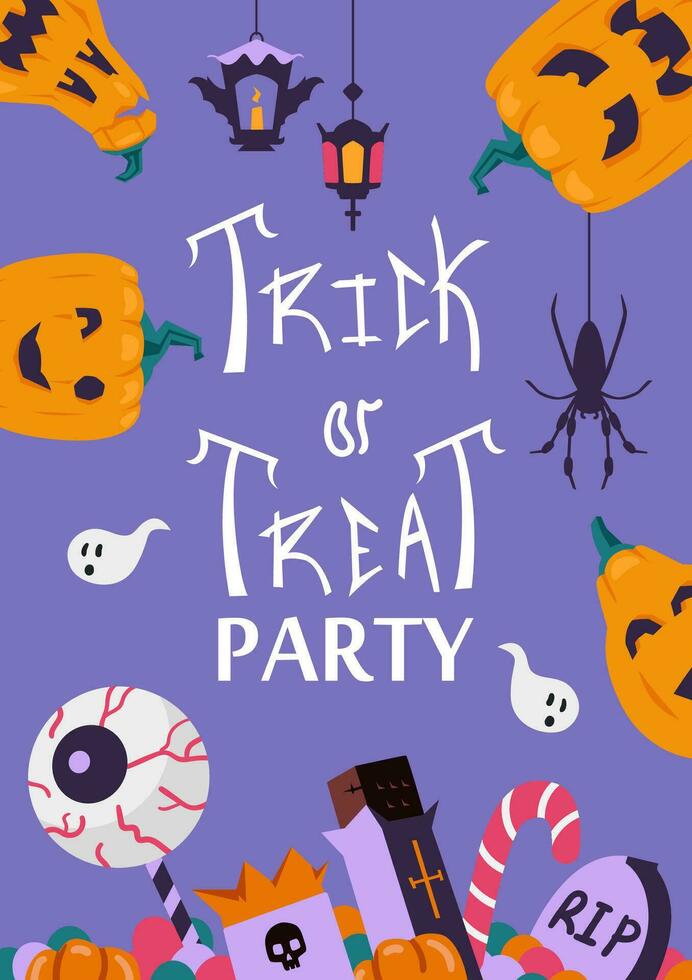 Halloween fête invitation avec vecteur illustrations. tour ou traiter texte avec décoration éléments citrouilles, bonbons, les araignées et des fantômes.