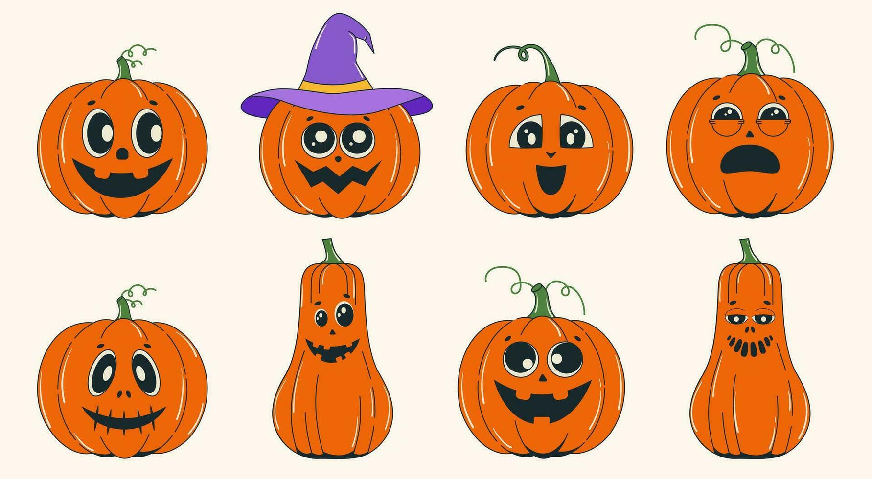 Orange citrouille sourire visage rétro dessin animé style ensemble de Halloween vacances vecteur