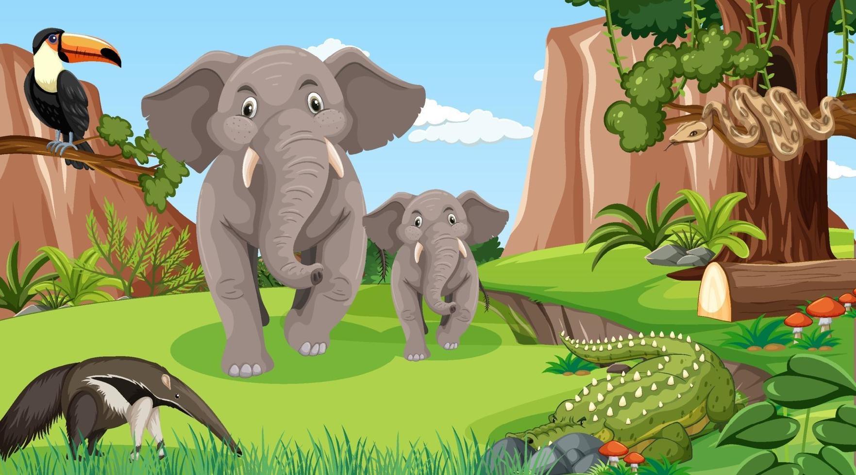 famille d'éléphants avec d'autres animaux sauvages dans la scène forestière vecteur