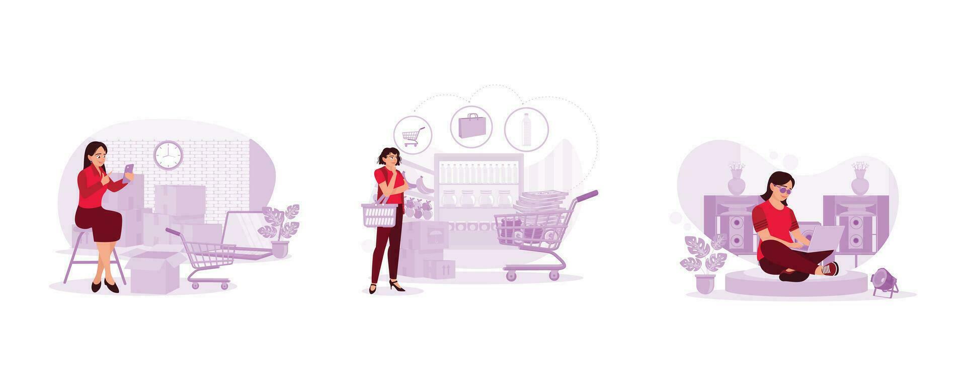 femme avec pme commerce électronique en ligne concept. Jeune asiatique femme achats dans le supermarché. moderne femme blogueur avec une portable et gratuit créatif. tendance moderne vecteur plat illustration