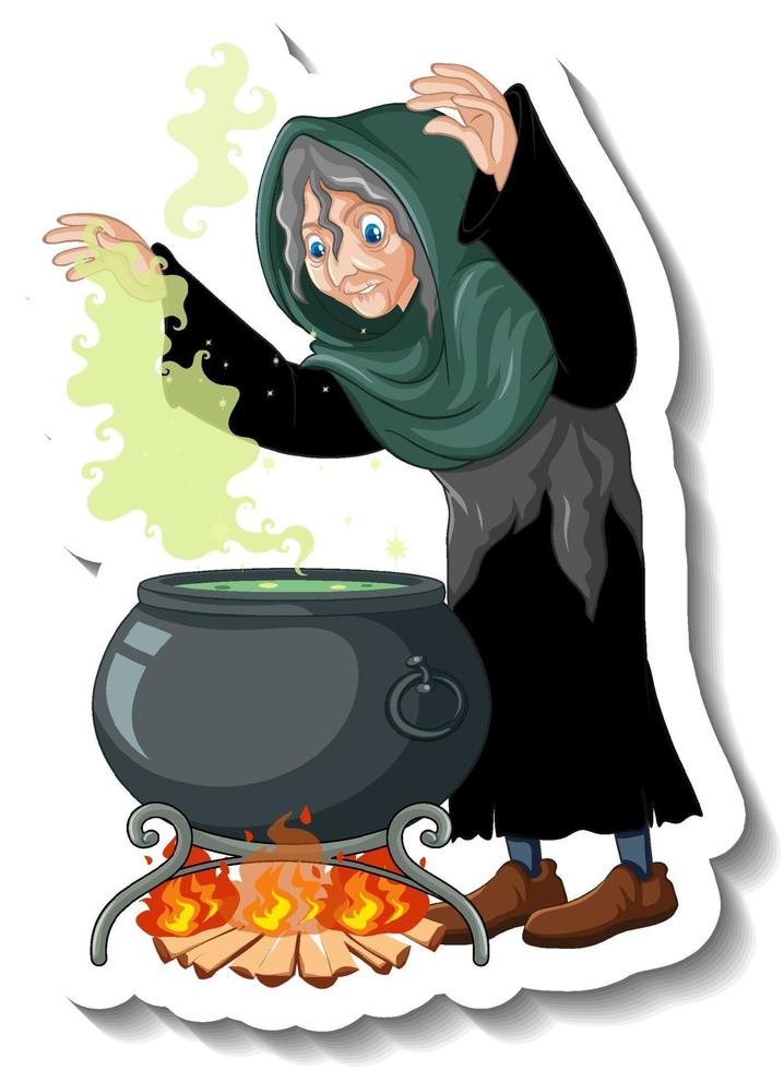 autocollant de personnage de dessin animé vieux pot de potion de brassage de sorcière vecteur