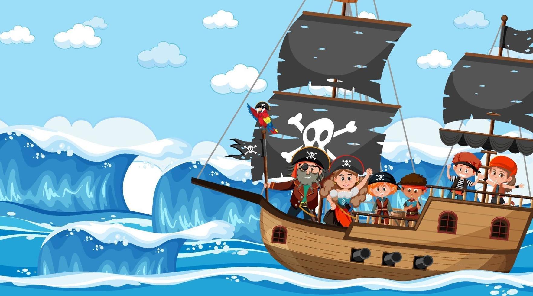 scène de l & # 39; océan pendant la journée avec des enfants pirates sur le navire vecteur