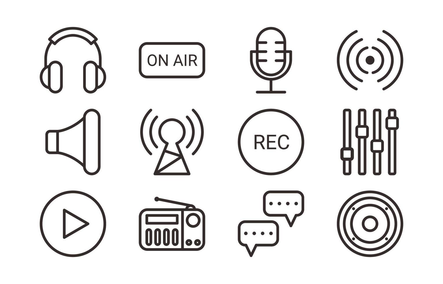 jeu d'icônes de contour simple podcast vecteur