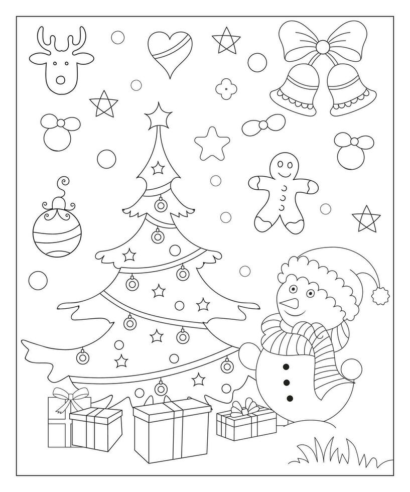 coloration page de une décoré Noël arbre avec cadeaux. vecteur noir et blanc illustration sur blanc Contexte.