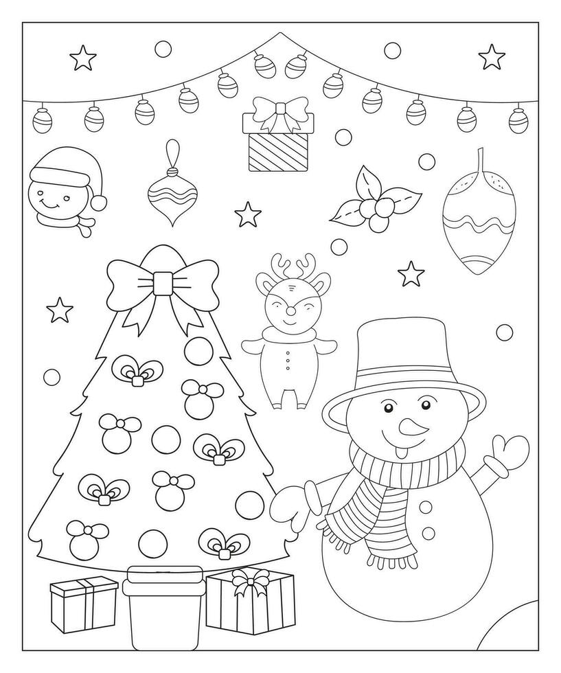 coloration page de une décoré Noël arbre avec cadeaux. vecteur noir et blanc illustration sur blanc Contexte.