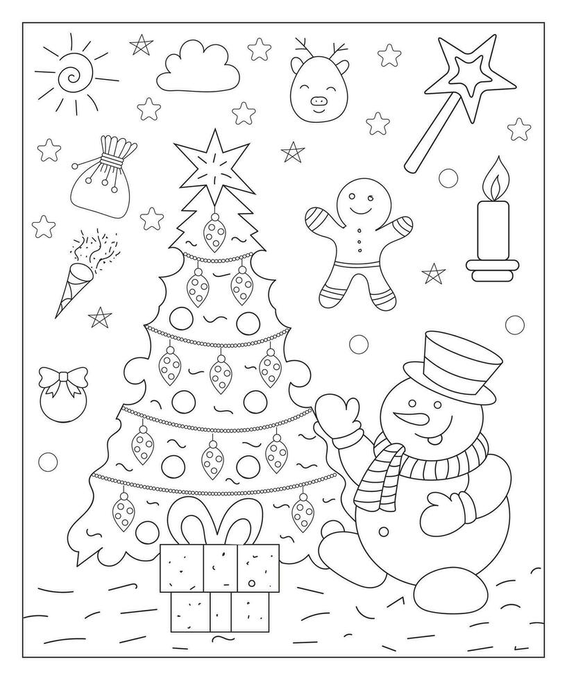 coloration page de une décoré Noël arbre avec cadeaux. vecteur noir et blanc illustration sur blanc Contexte.