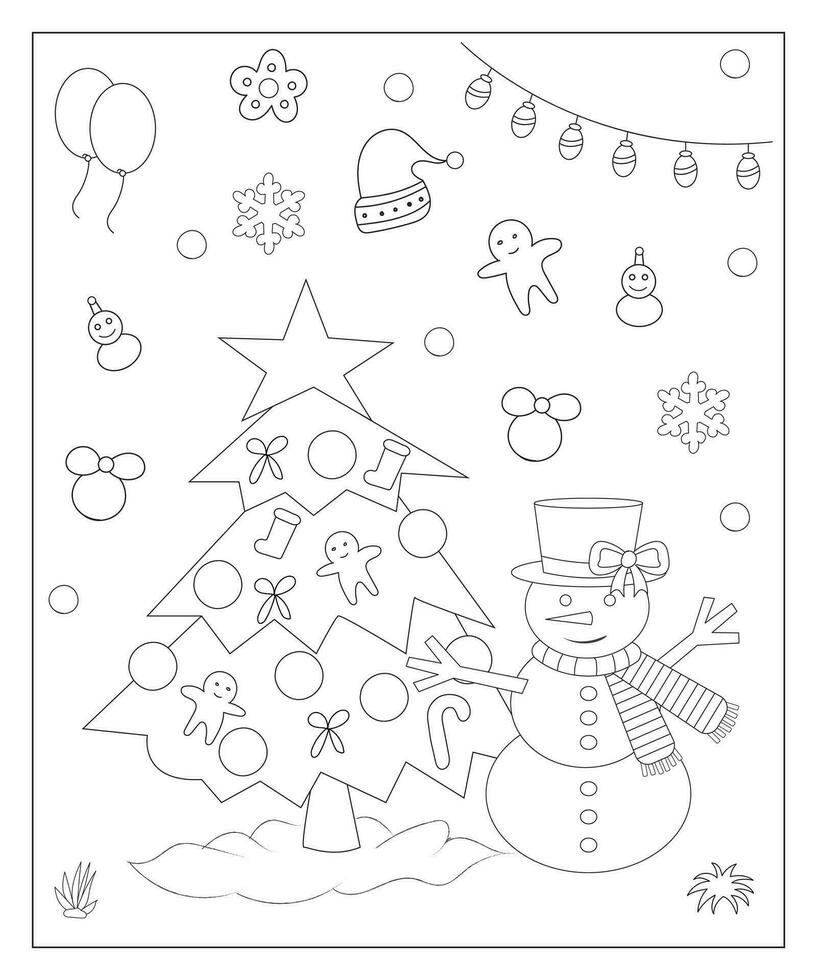 coloration page de une décoré Noël arbre avec cadeaux. vecteur noir et blanc illustration sur blanc Contexte.