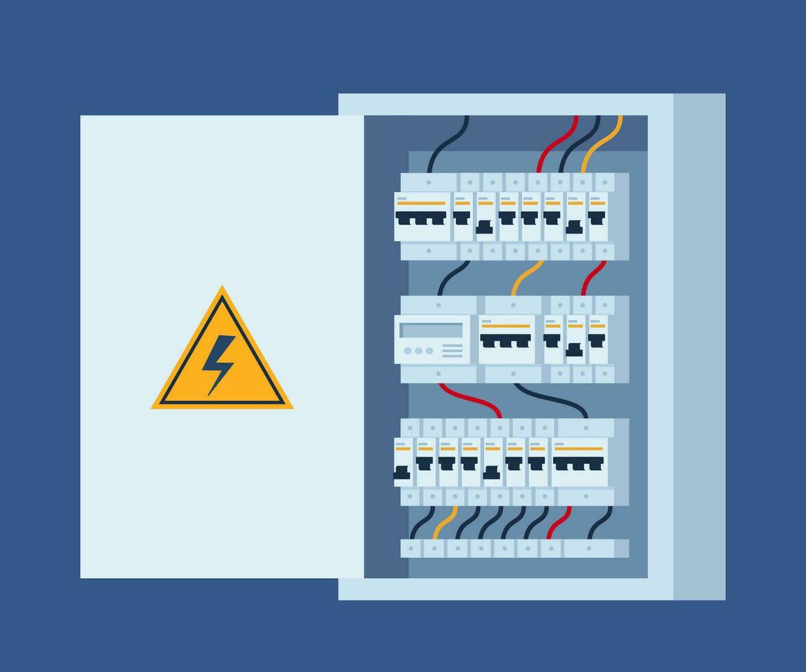 tableau électrique avec interrupteurs, fusible, contacteur, fil, disjoncteur automatique. coffret de distribution en acier inoxydable. dispositif de distribution d'énergie. illustration vectorielle. vecteur