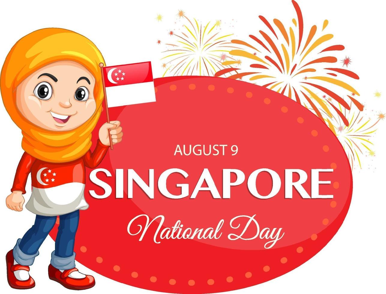 bannière de la journée nationale de singapour avec une fille musulmane vecteur