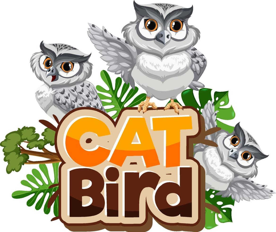 De nombreux personnages de dessins animés de hiboux blancs avec une bannière de polices d'oiseaux de chat isolée vecteur