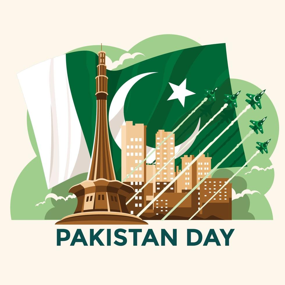 fête nationale du pakistan avec minar e pakistan et fond de drapeau vecteur