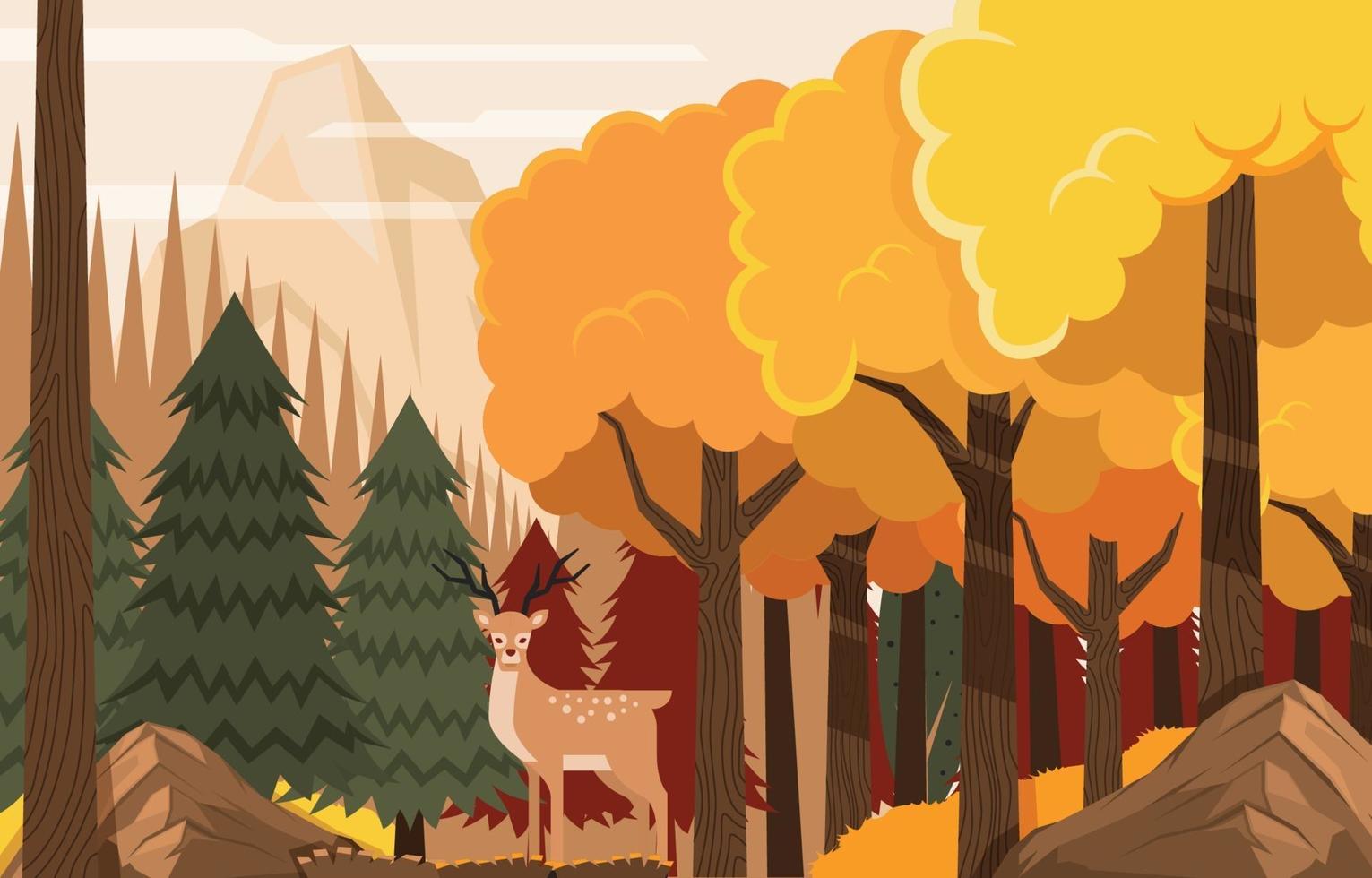 scène de forêt d'automne avec des cerfs dans la jungle vecteur