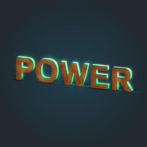 &#39;POWER&#39; - Illustration réaliste d&#39;un mot en bois et verre brillant, vecteur