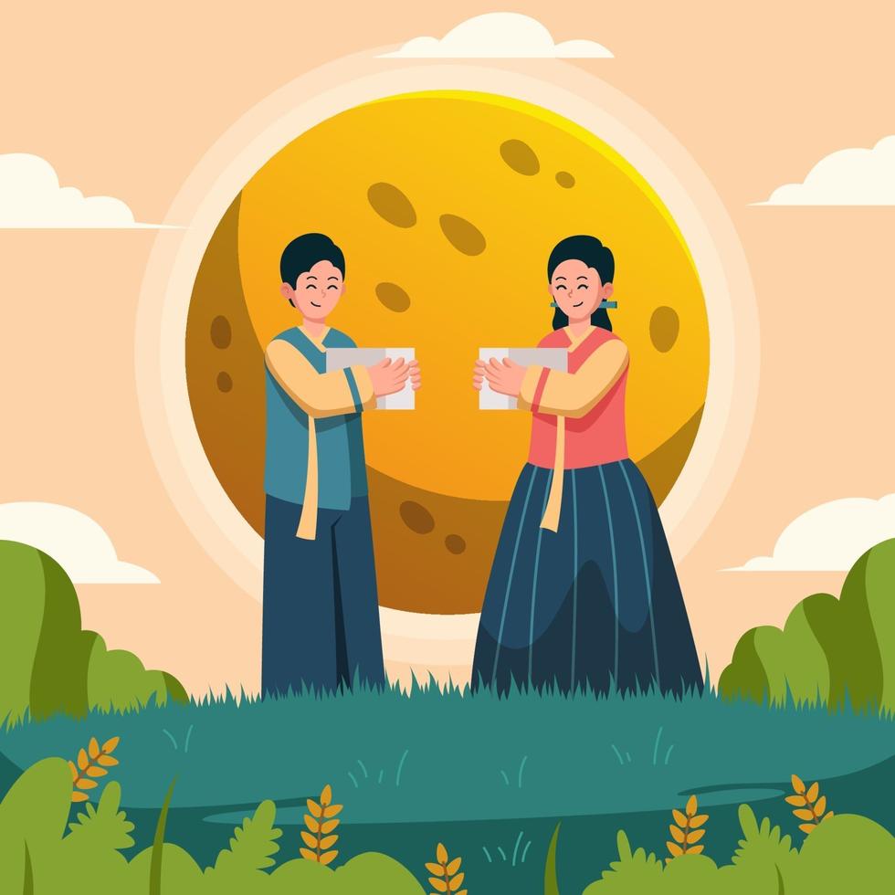 un couple célèbre chuseok avec une belle lune vecteur