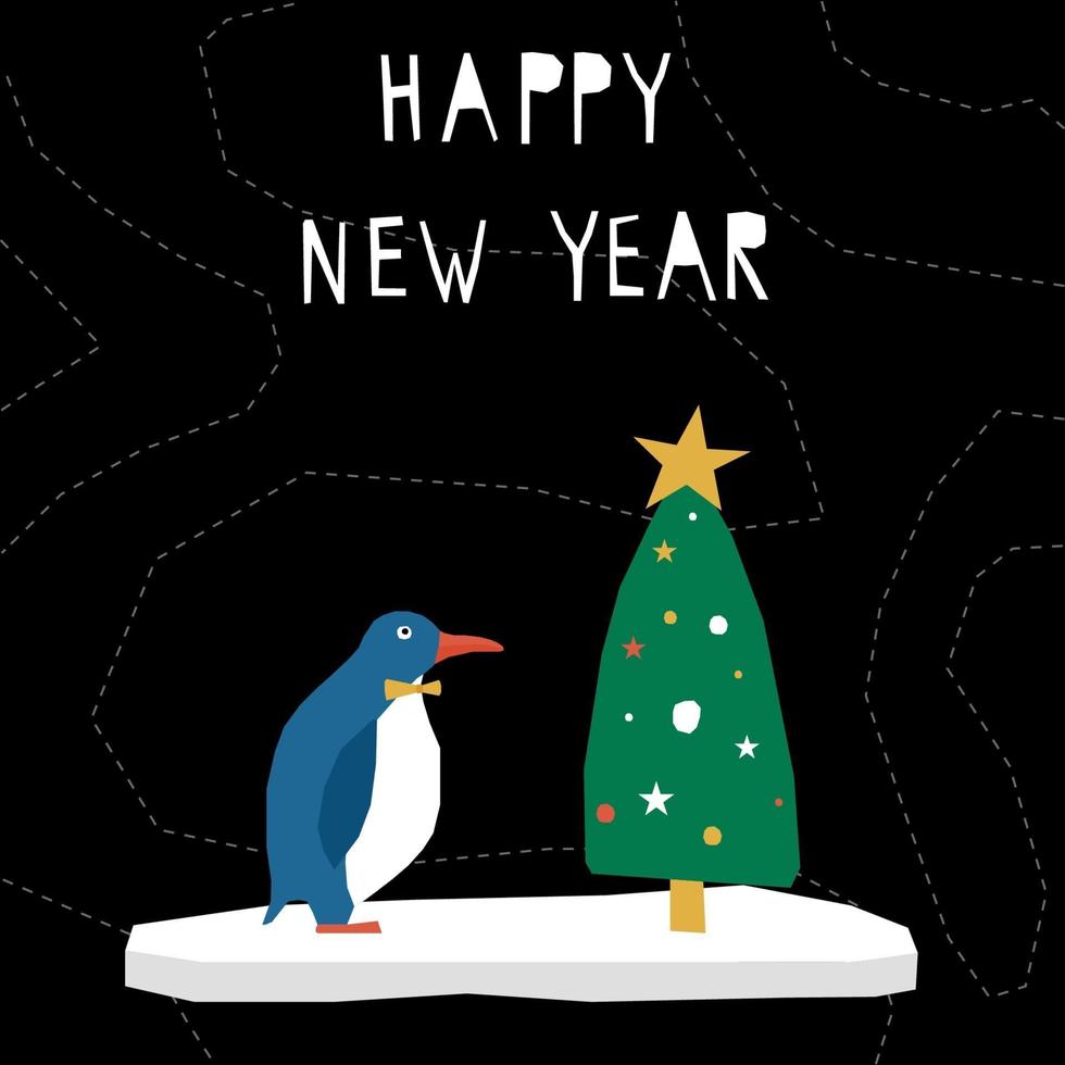 bonne année carte papier pingouin et épinette vecteur