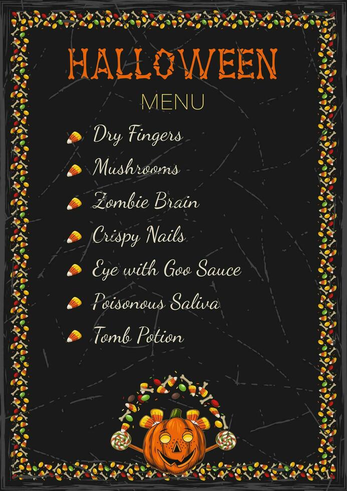 Halloween menu avec texte, bonbons, citrouille tête vecteur