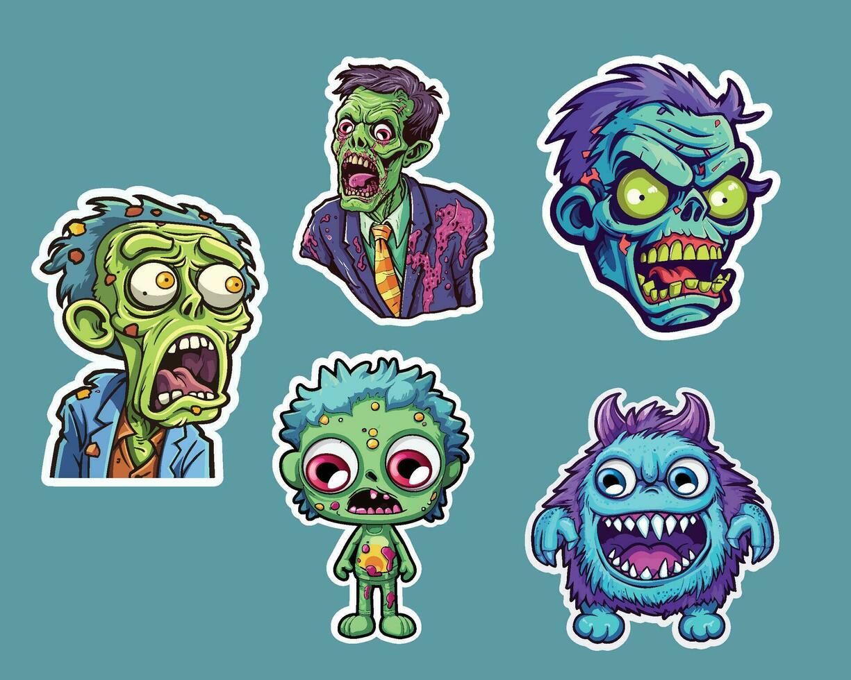cinq dessin animé zombi autocollants dans bleu vecteur