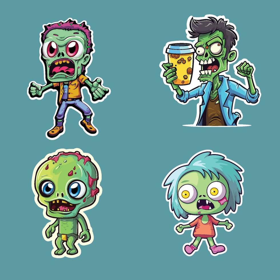 quatre dessin animé zombi personnages avec divers couleurs, pose vecteur