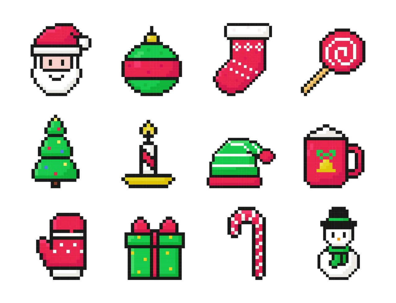 Noël pixel art ensemble de Icônes, ancien, 8 bit, années 80, Années 90 Jeux, ordinateur arcade Jeu articles, Père Noël, balle, chaussette, sucette, arbre, bougie, elfe chapeau, tasse, gant, cadeau, bonbons, bonhomme de neige, vecteur illustration