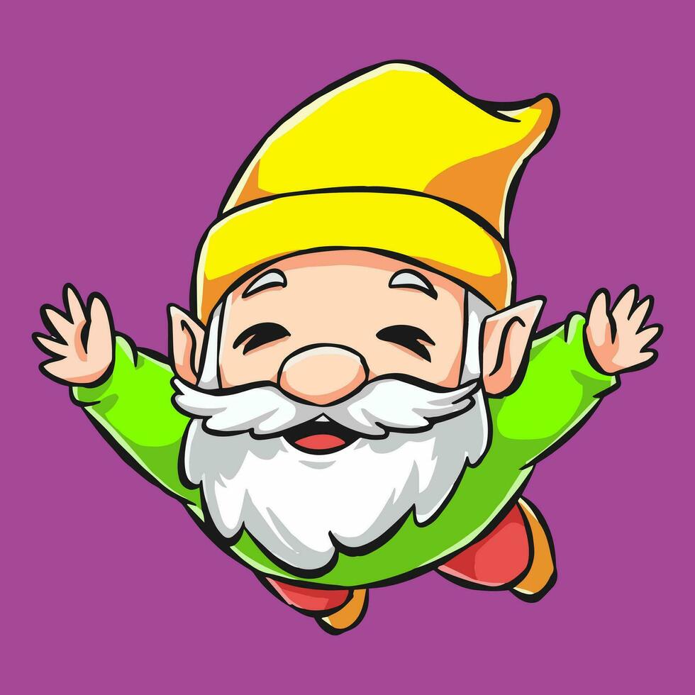 gnome dessin animé personnage avec content expression. nain dans une sauter pose. ligne dessin et coloré. vecteur illustration.