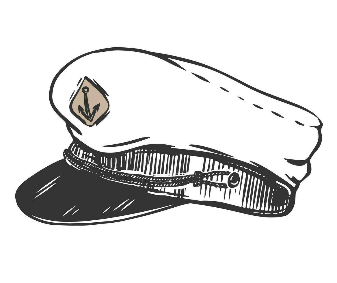 du capitaine casquette sur une blanc Contexte. élément de le d'officier uniforme de le marine. du capitaine chapeau dans ancien style. vecteur illustration dans graphique style, gravure effet.