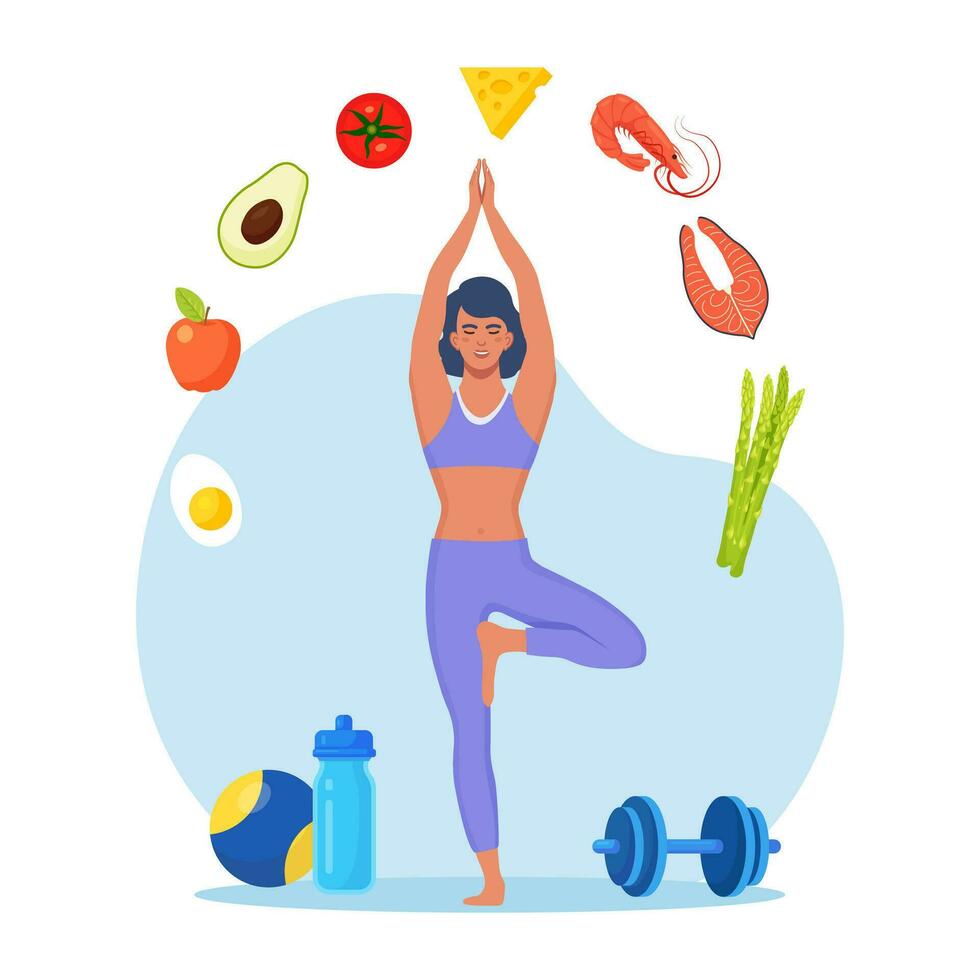 régime planifier. svelte femme Faire exercice et Planification régime avec fruit et légume. fille Faire yoga. diététique alimentaire, repas planification, nutrition consultation, en bonne santé nourriture, sport. santé mode de vie, aptitude vecteur