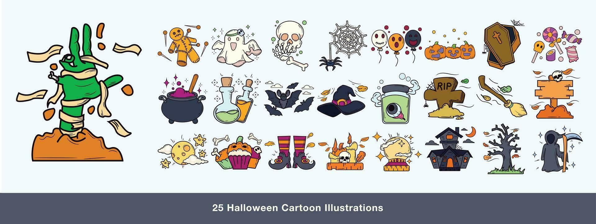 ensemble de mignonne Halloween dessin animé illustrations. dessin animé et dessiné à la main style Halloween saison vecteur