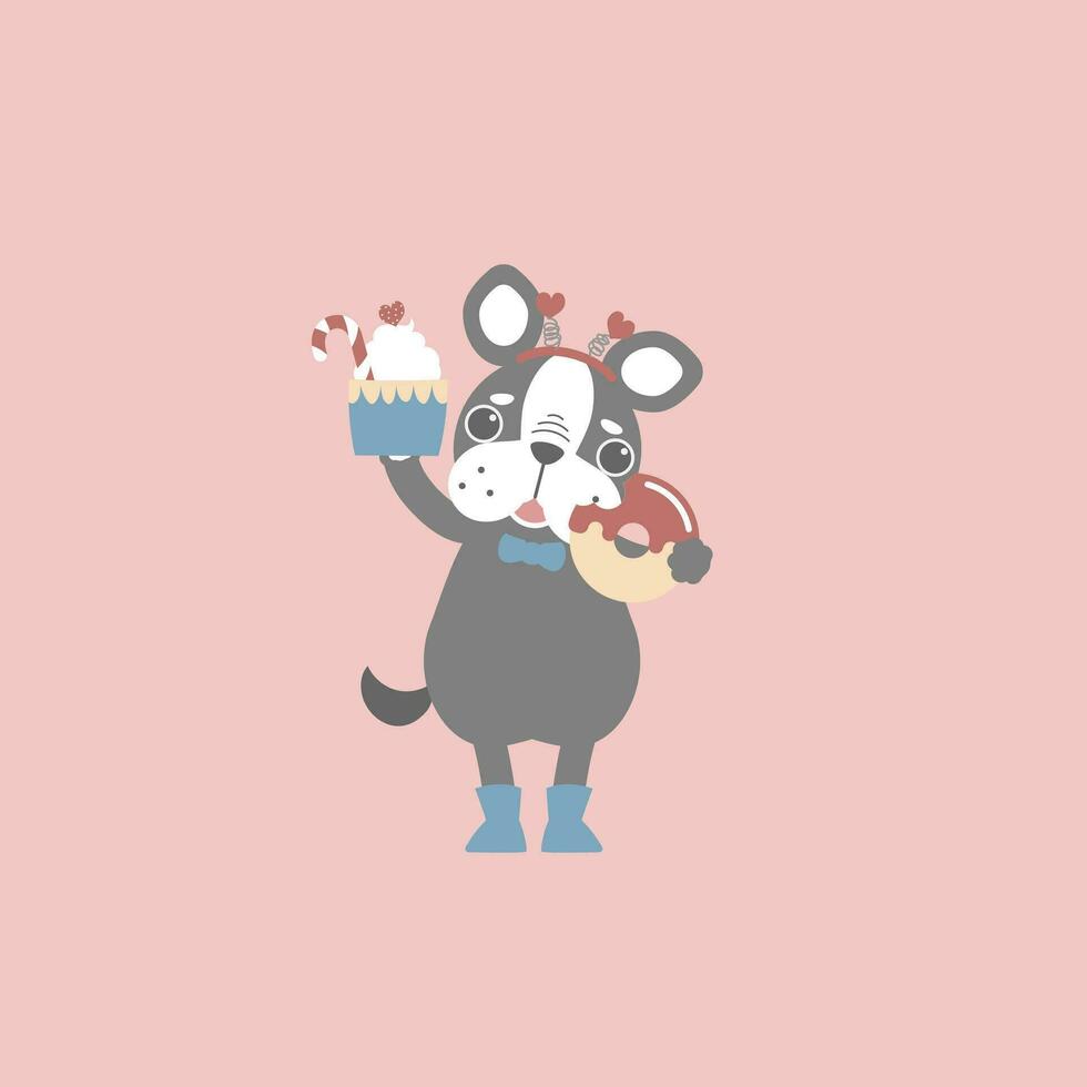 mignonne et charmant chien avec petit gâteau et Donut, content la Saint-Valentin jour, anniversaire, l'amour concept, plat vecteur illustration dessin animé personnage costume conception