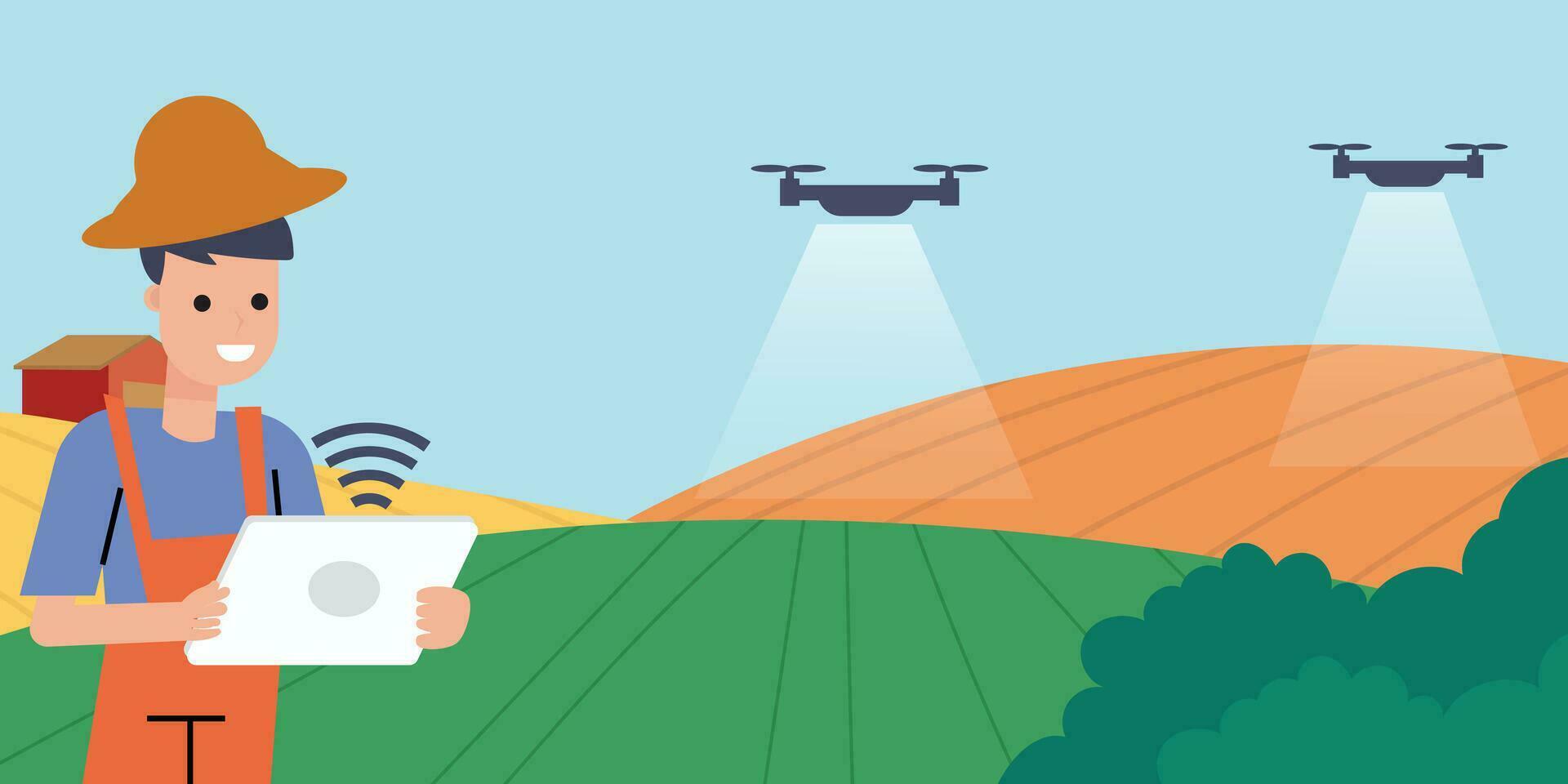 agriculture avec drone. ferme la gestion de tablette, vecteur concept