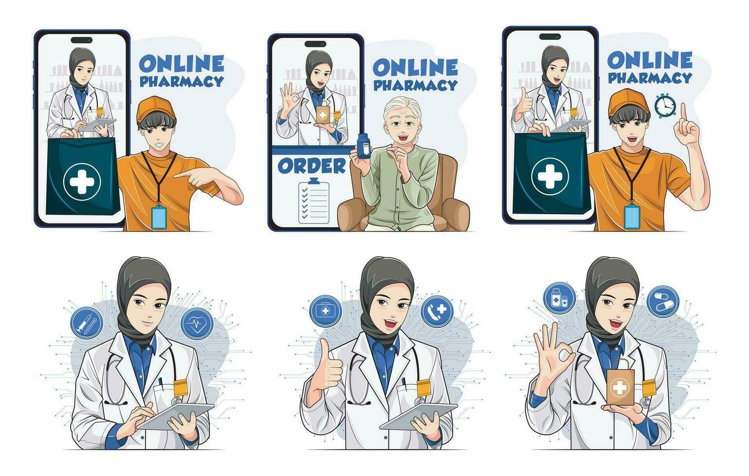 en ligne pharmacie un service personnage illustration collection. femelle médecin dans une hijab, Sénior femme et Masculin courrier vecteur