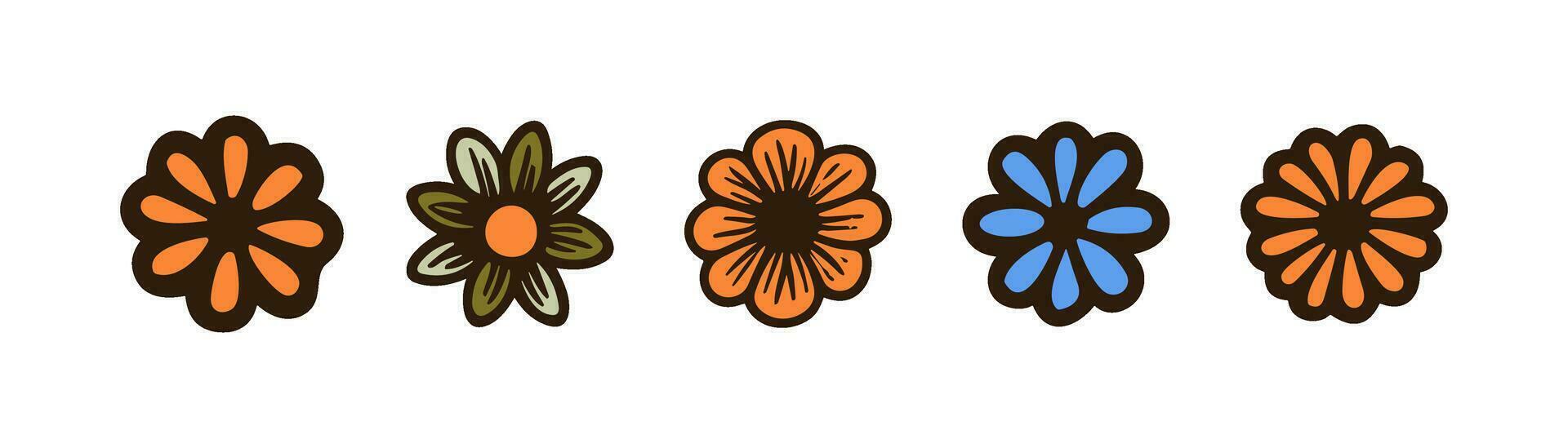 rétro sensationnel fleurs icône ensemble. hippie style, ancien Années 70 vibrations, paix concept. plat vecteur illustration, eps dix.