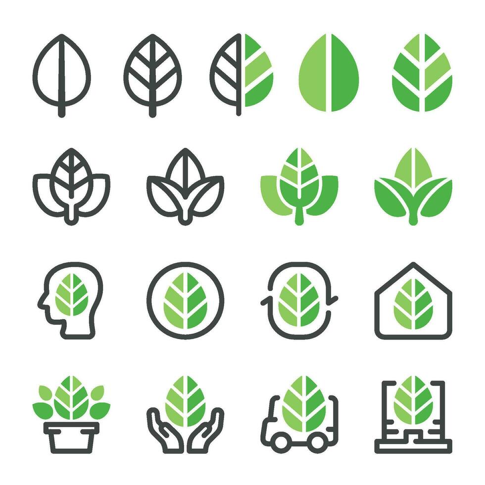 vert feuille icône ensemble, vecteur et illustration