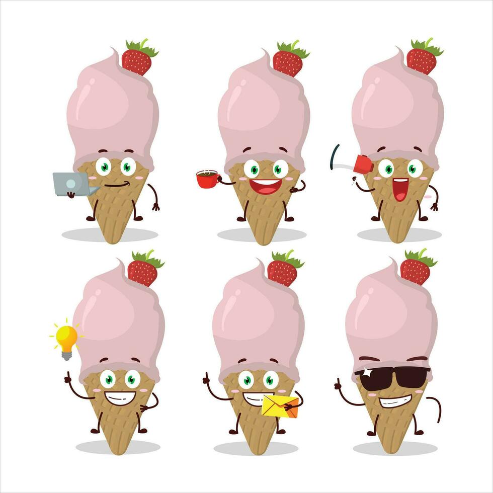 la glace crème fraise dessin animé personnage avec divers les types de affaires émoticônes vecteur