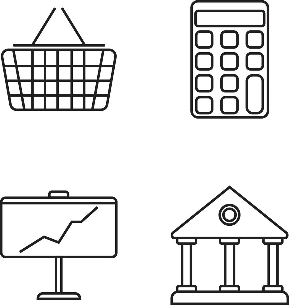 icônes de ligne populaires du panier, de la banque, de la calculatrice, du tableau vecteur